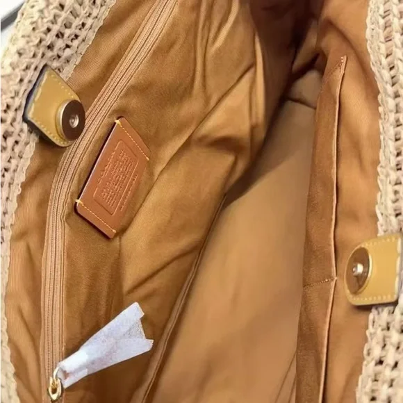 NWT COACH Straw and smooth leather City Tote Bag CBG87 Im/Honey Brown Multi - Picture 5 of 6